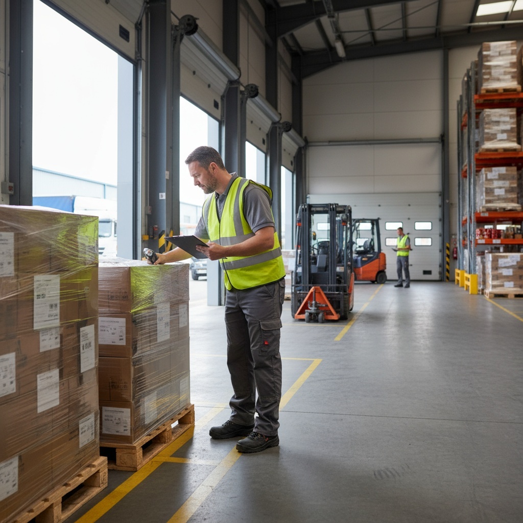 Goods-in operative processing deliveries at Nottingham warehouse receiving dock