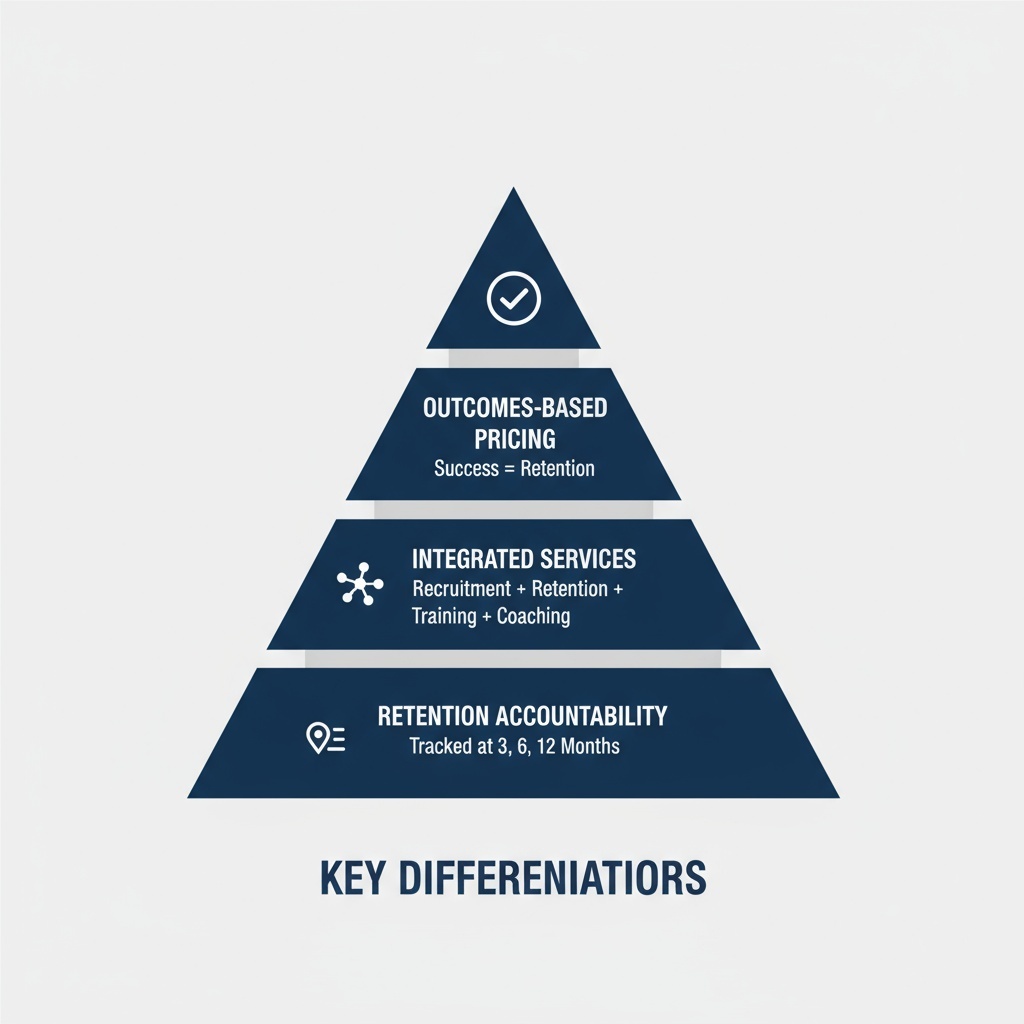 Pyramid diagram with three stacked navy blue layers showing key differentiators - Outcomes-Based Pricing at top-Integrated Services in middle-Retention Accountability at bottom with KEY DIFFERENTIATORS title below