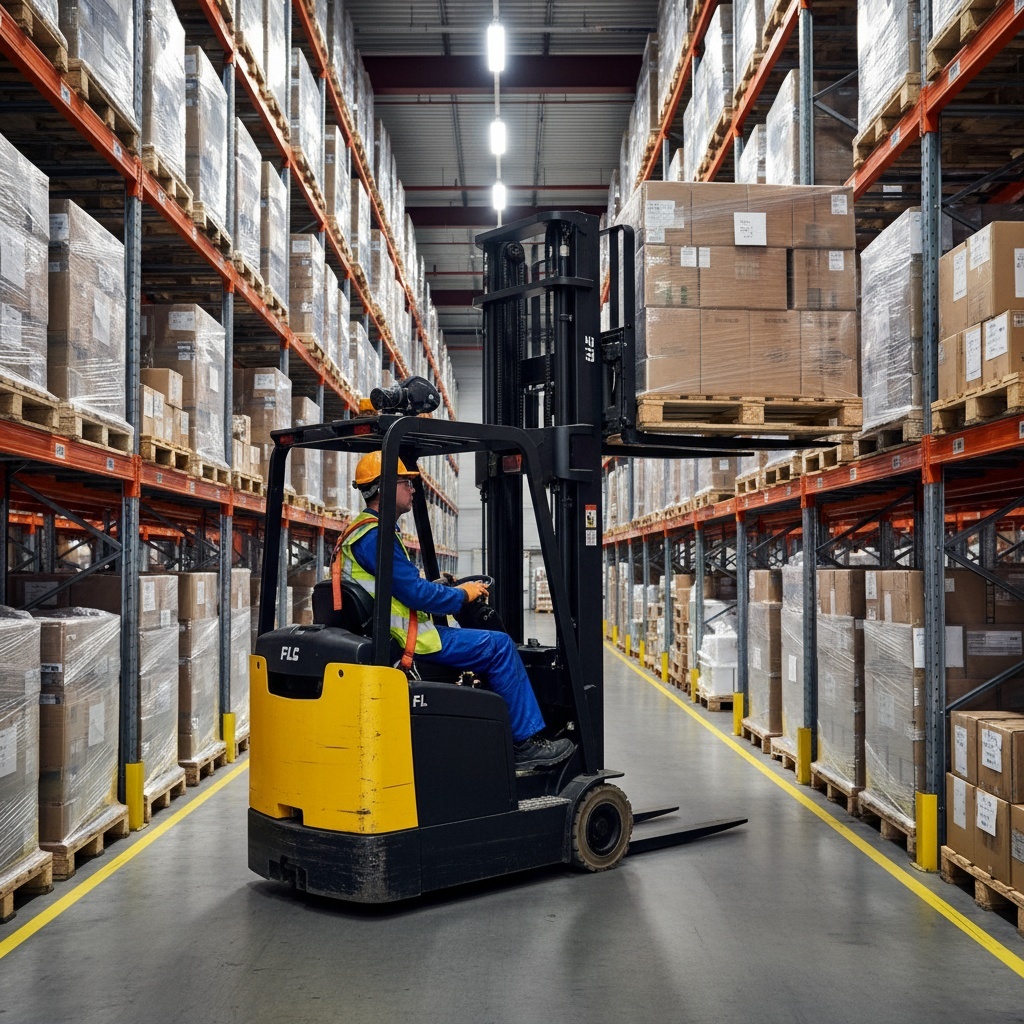 Reach truck driver operating in high-bay warehouse at East Midlands Gateway