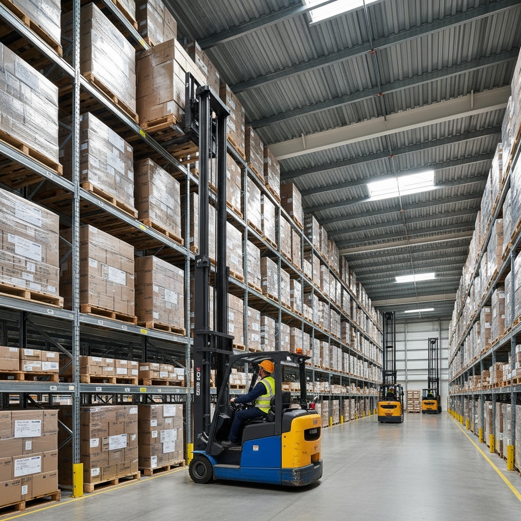 Reach truck driver operating in modern Lutterworth distribution centre