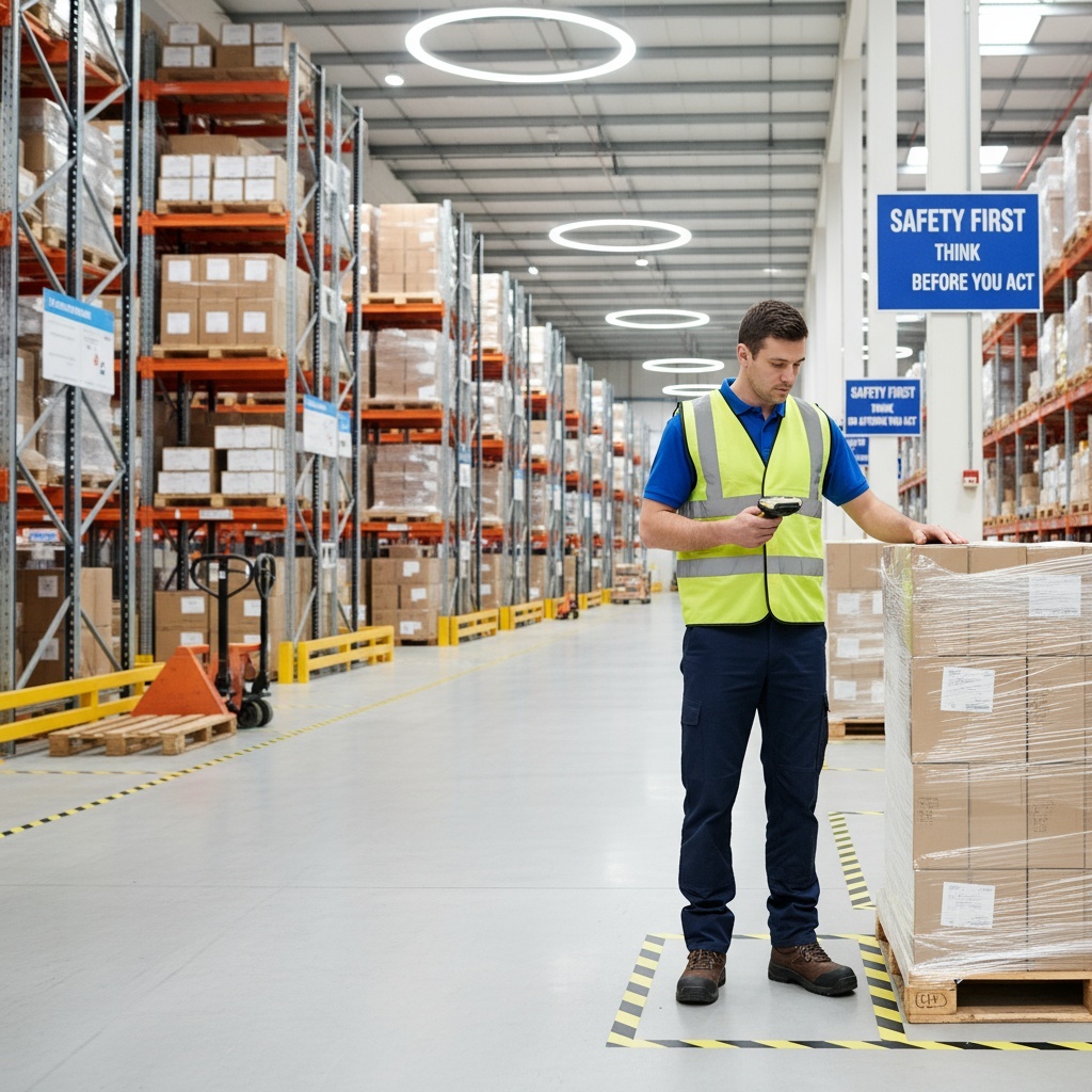 Warehouse operative working safely in modern Daventry distribution centre, wearing PPE and following safe working practices